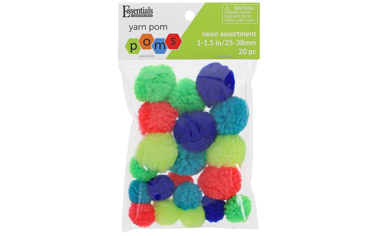Essentials by Leisure Arts Yarn Pom Poms - Assorted Neon - 1" to 1.5" - 20 piece pom poms arts and crafts - gray pompoms for crafts - craft pom poms - puff balls for crafts